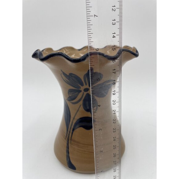 Vintage 1999 Williamsburg Pottery Vase Brown & Blue Floral Design 6" Tall - Picture 2 of 6
